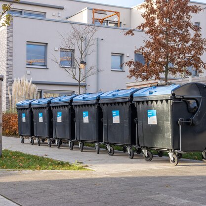 Am Gehweg stehen sechs große Tonnen für Papier und Pappe in einer Reihe. | © Die Bremer Stadtreinigung